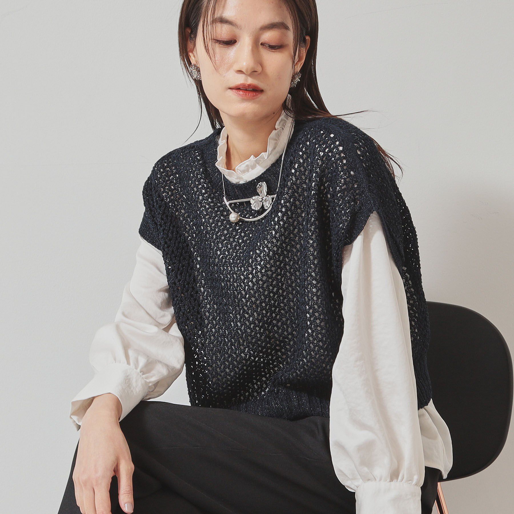 SunaUna「【洗える／メッシ編み】レイヤードニット」|ニット・セーター|ネイビー(094)