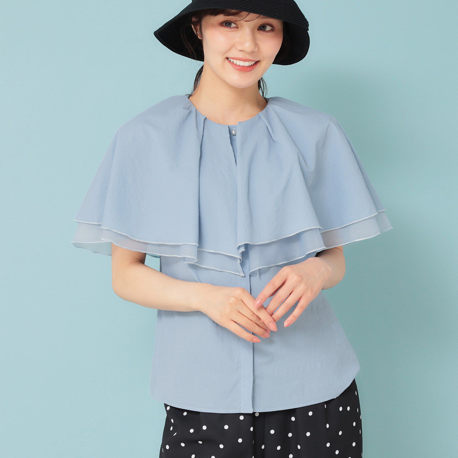 SunaUna「【フェミニン】ケープカラーブラウス」|シャツ・ブラウス|ブルー(091)