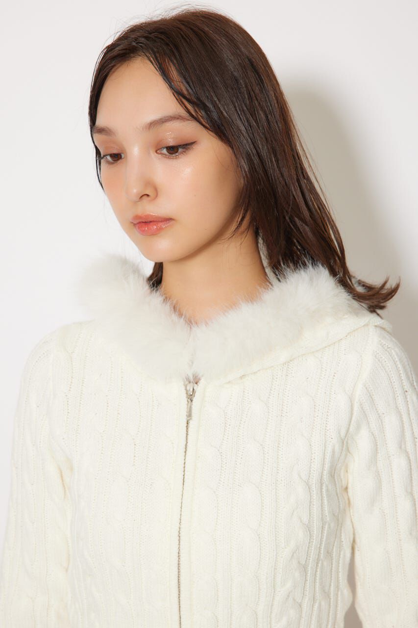 rienda「フードフェイクファーケーブルニットカーディガン」|カーディガン|