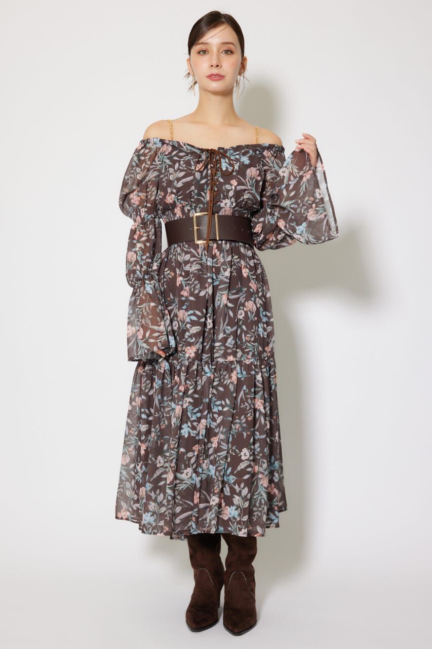 rienda「レースアップフラワーパターンフレアワンピース」|ワンピース|