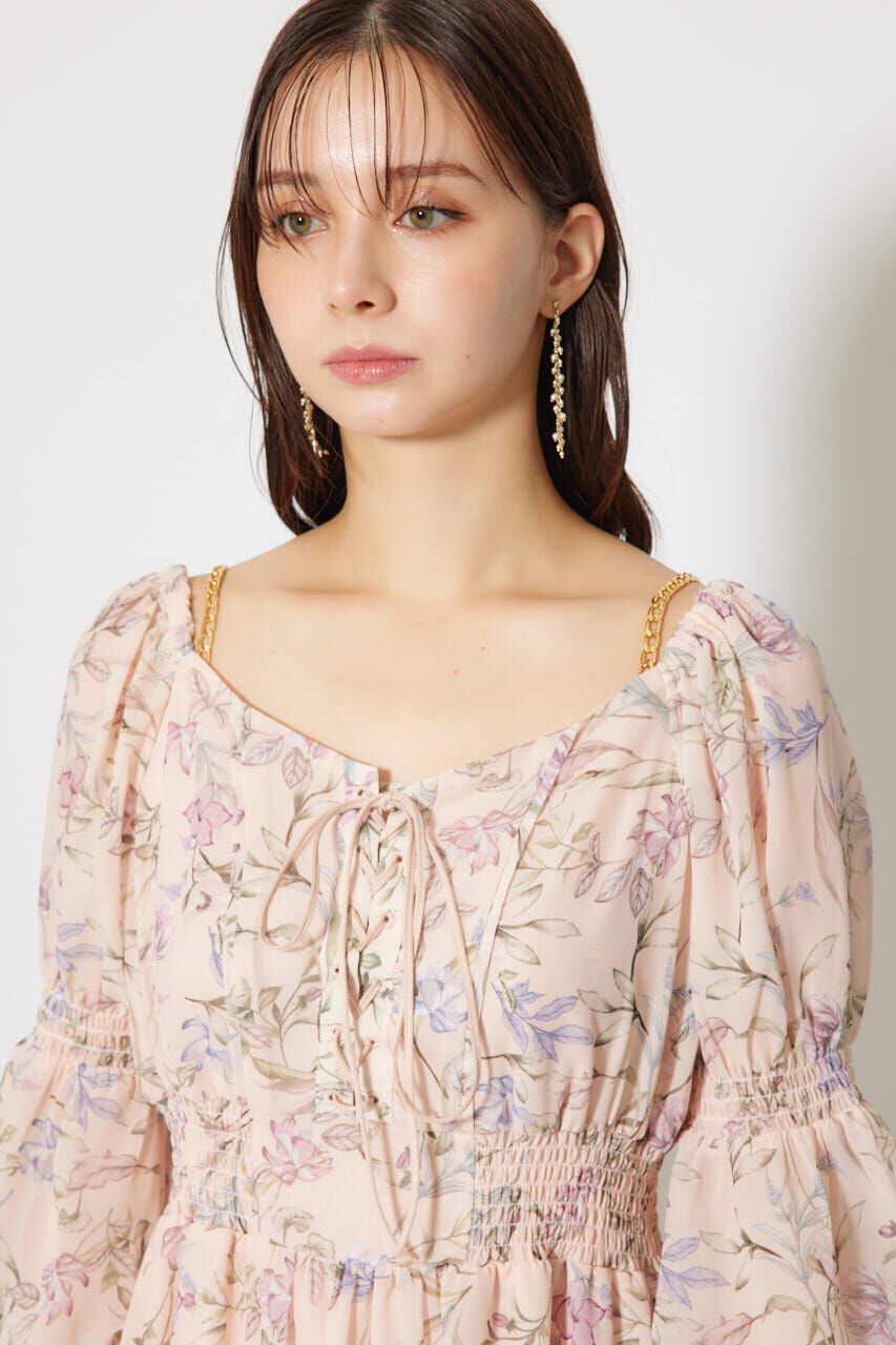 rienda「レースアップフラワーパターンフレアワンピース」|ワンピース|