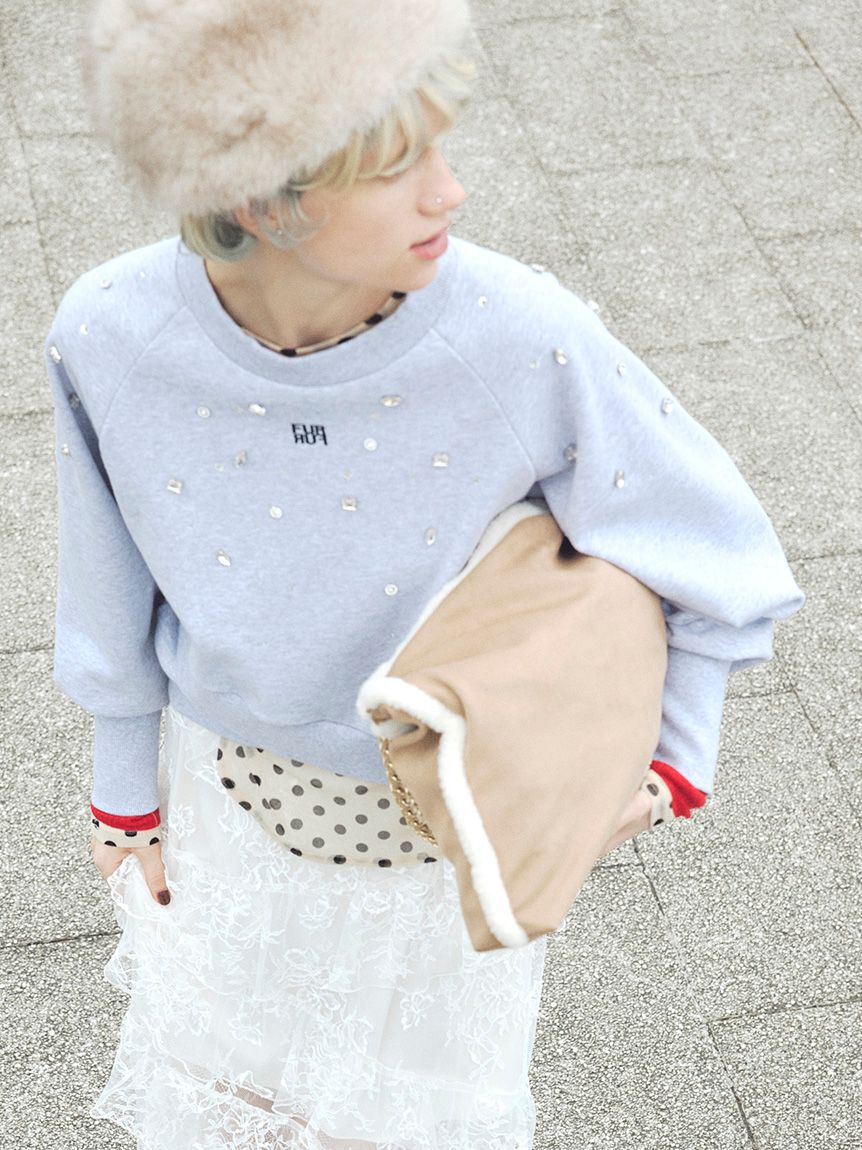 FURFUR「ビジュー付きロゴ刺繍スウェット」|スウェット・ジャージ|GRY