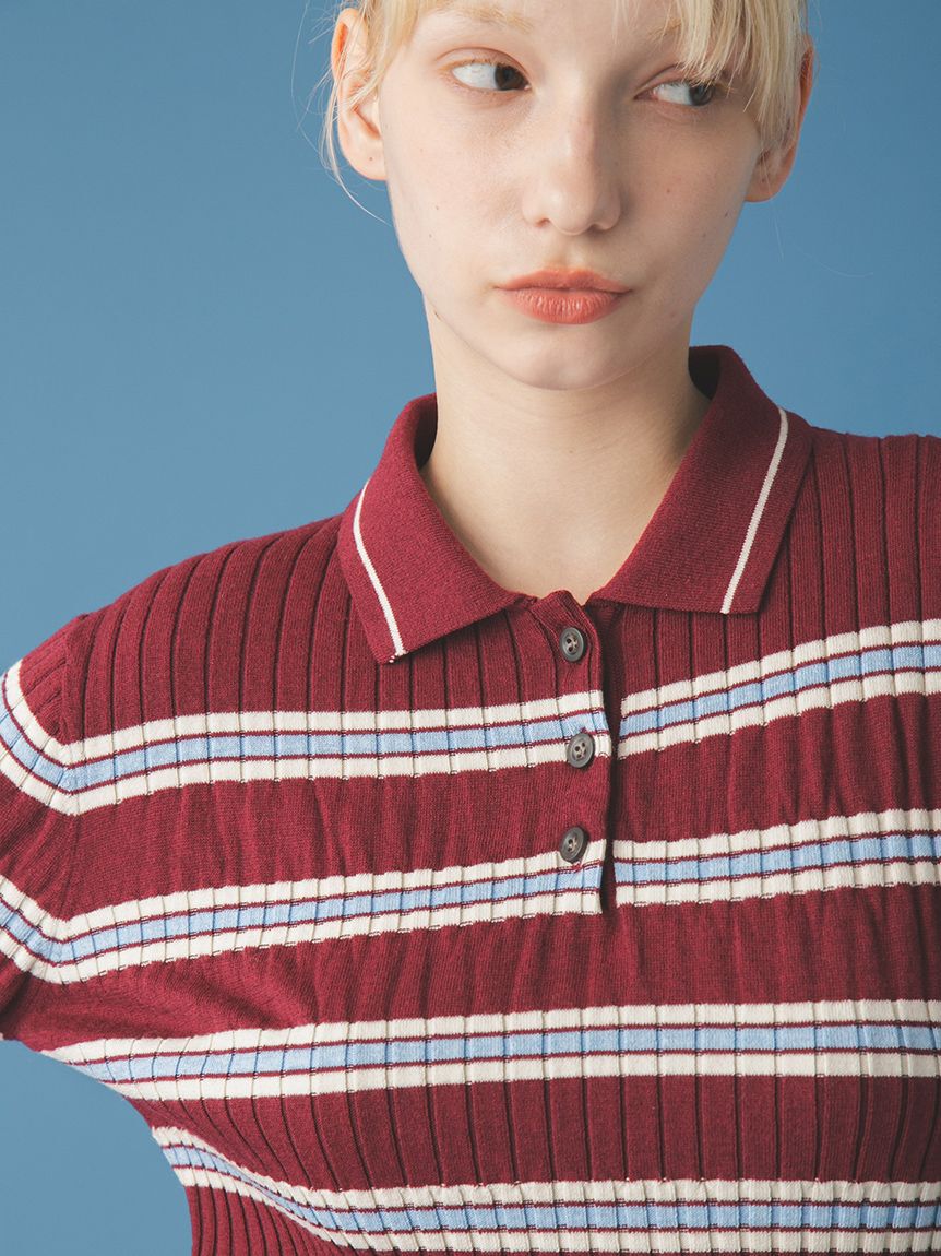 FURFUR「ボーダーペプラムポロニットトップス」|ニット・セーター|