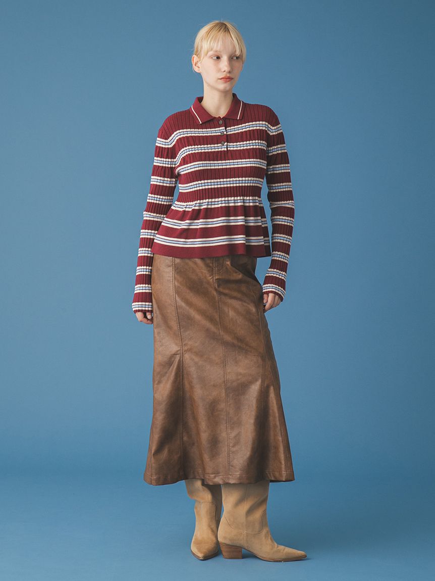 FURFUR「ボーダーペプラムポロニットトップス」|ニット・セーター|