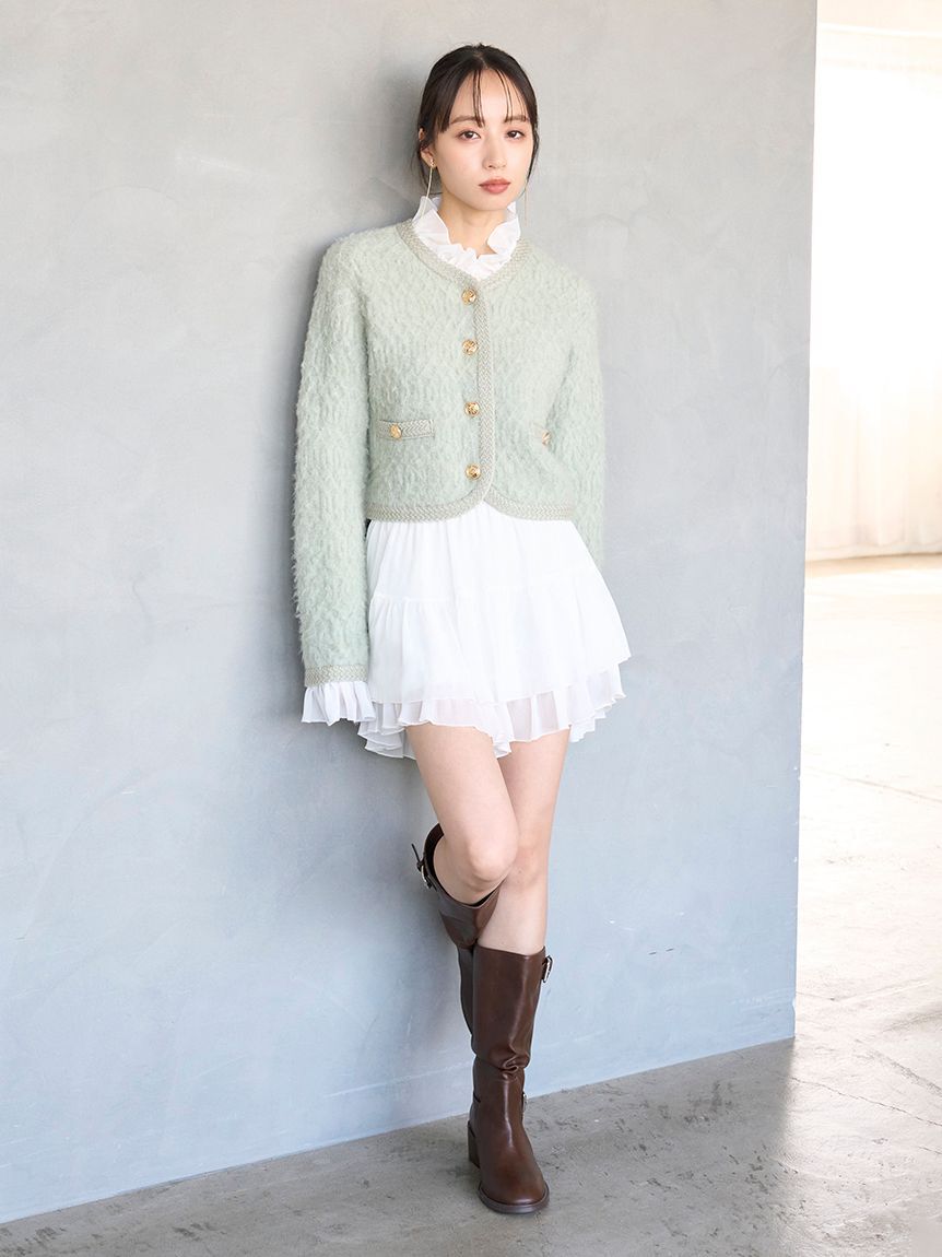 SNIDEL「ファーライクフリルニットジャケット」|ノーカラージャケット|