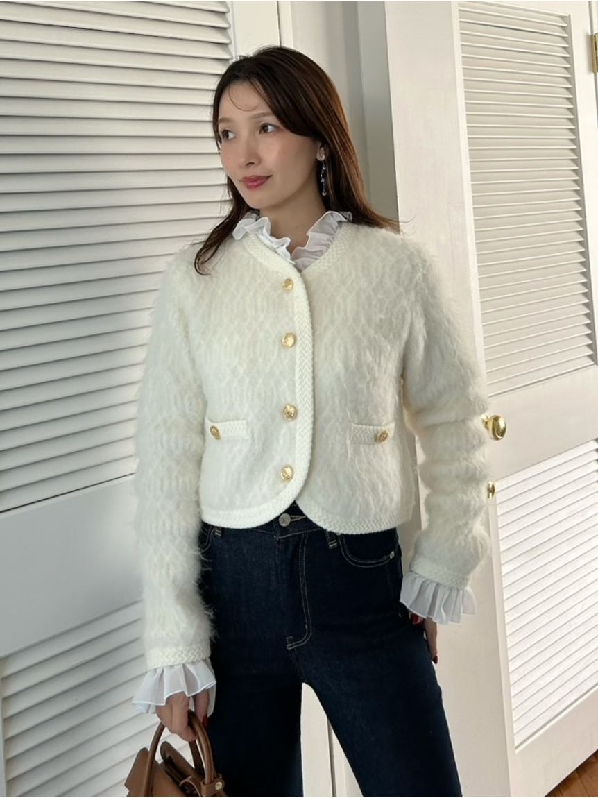 SNIDEL「ファーライクフリルニットジャケット」|ノーカラージャケット|