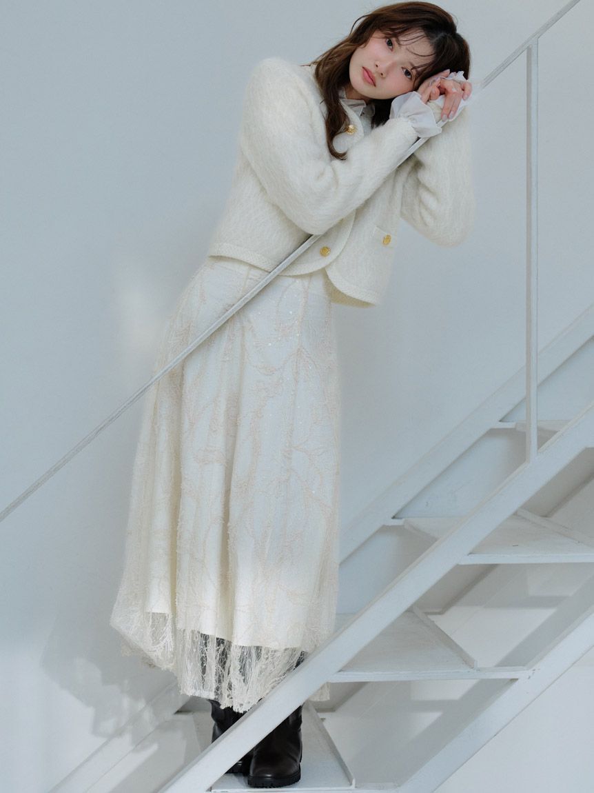 SNIDEL「ファーライクフリルニットジャケット」|ノーカラージャケット|