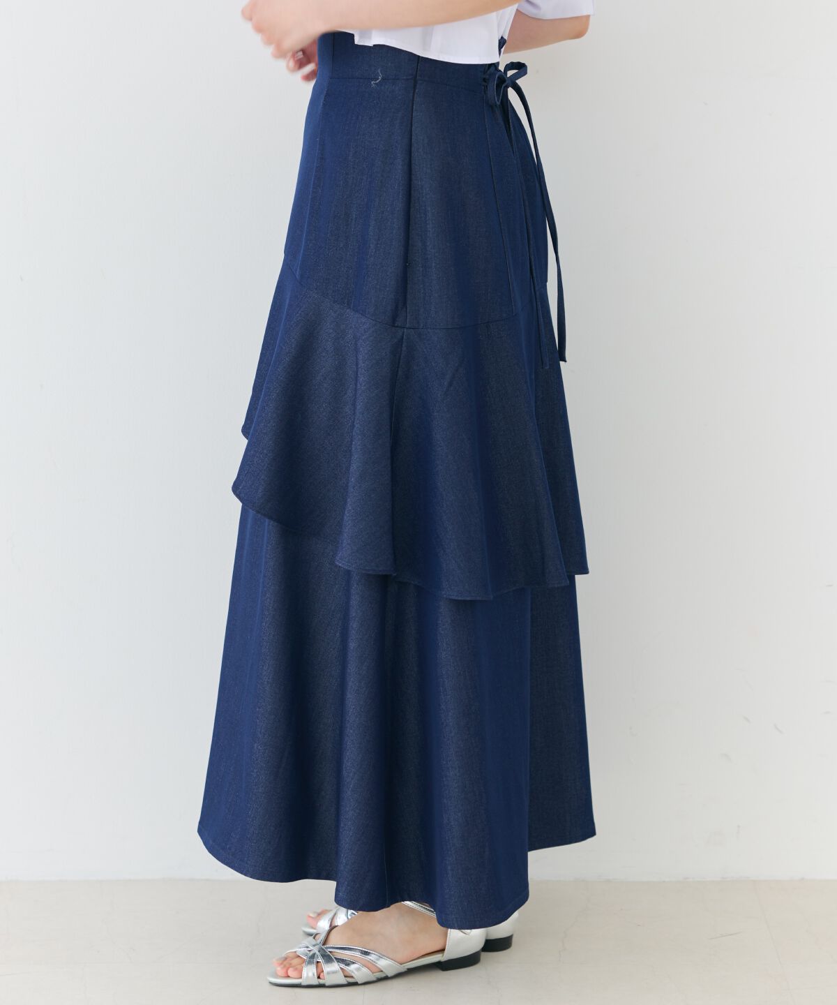 アンドクチュール「デニムライクレイヤードフリルスカート」|フレア|