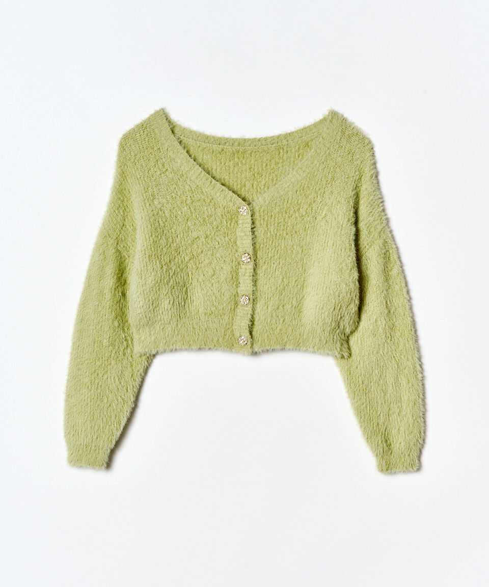 REDYAZEL「フェザーヤーンビジューボタンカーディガン」|カーディガン|