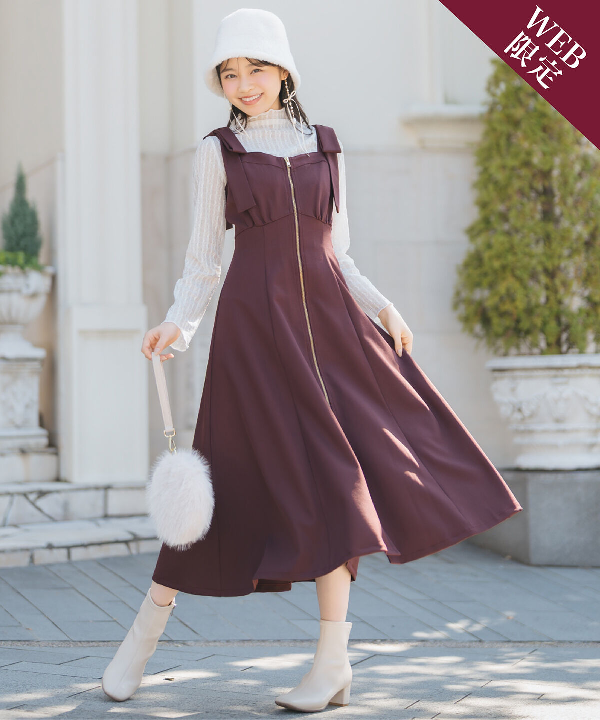 WILLSELECTION「ショルダーリボンフロントZIPワンピース」|ワンピース|ボルドー