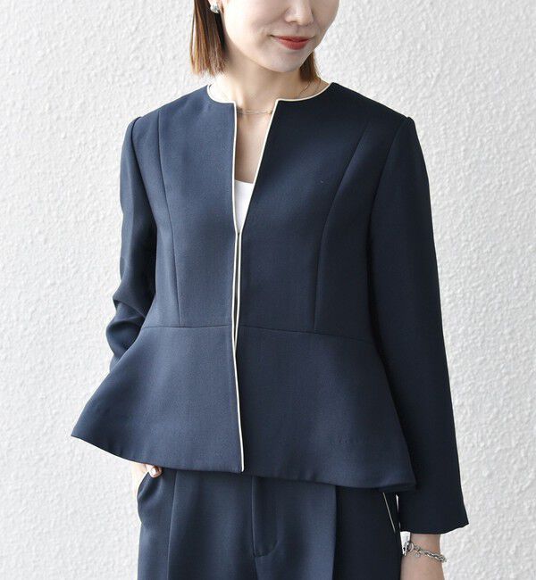 SHIPS any「【WEB限定】SHIPS any:〈洗濯機可能〉ダブルクロス  ペプラム ノーカラー ジャケット［NAVY BLUE］」|ノーカラージャケット|