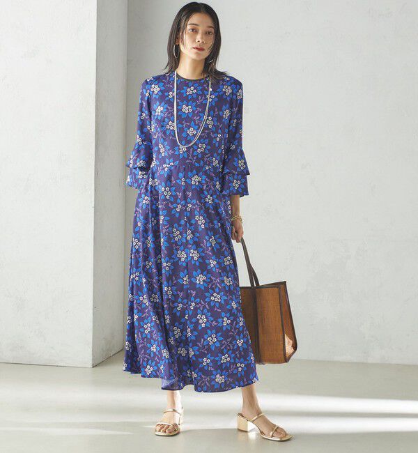 SHIPS for women「小泉里子コラボ:〈手洗い可能〉フラワー プリント ワンピース」|ワンピース|ネイビー