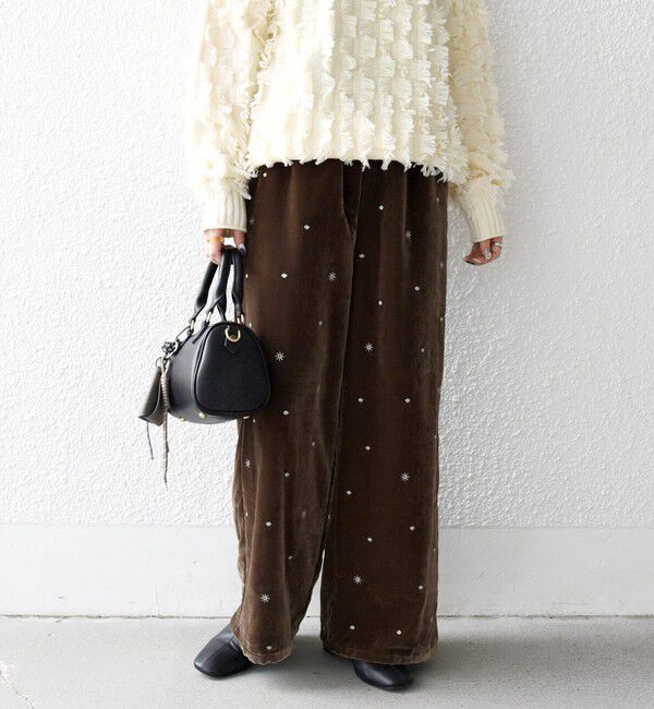 SHIPS any「SHIPS any:〈手洗い可能〉ポリエステル ベロア 刺繍 ストレート ワイド パンツ」|その他|ブラウン