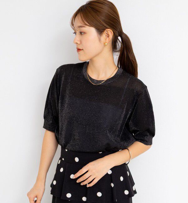 NOLLEY'S「《手洗い可能》《アンサンブル対応》シアーラメ天竺5分袖プルオーバーニット」|ニット・セーター|