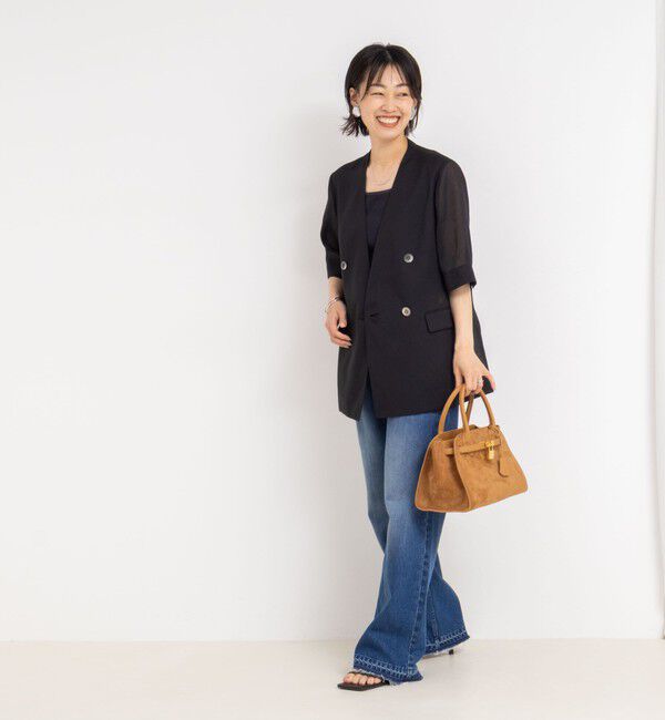 NOLLEY'S「ウォッシャブルリネン風シアー5分袖ジャケット」|ノーカラージャケット|