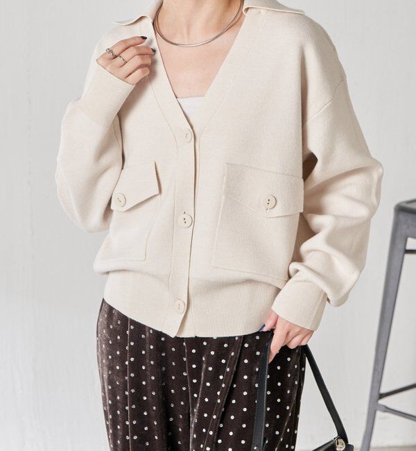  「【襟は取り外し可能】オープンカラーニットカーディガン」|ニット・セーター|アイボリー