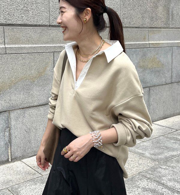  「【インフルエンサー OKOCHI企画】シャツ襟ラガースウェットトップス」|Tシャツ・カットソー|ライトベージュ