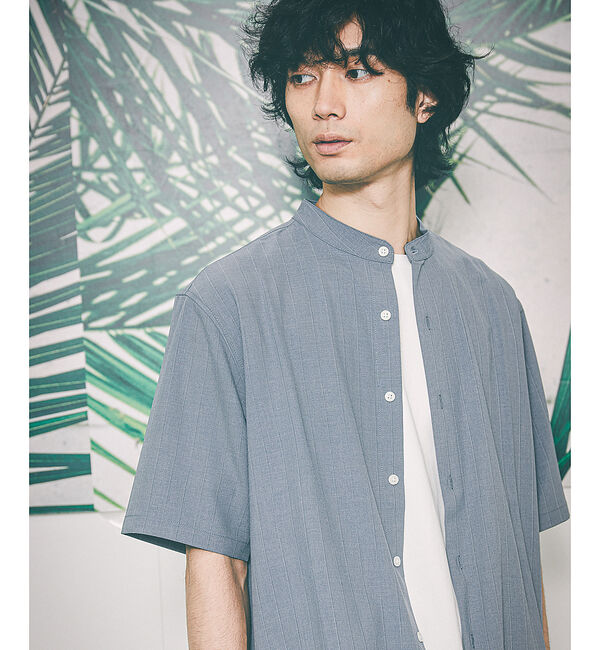 ABAHOUSE「バンドカラー半袖ストライプシャツ」|シャツ・ブラウス|ブルーグレー