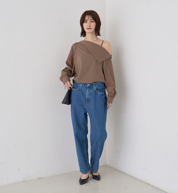 Rouge vif「【新色登場】【一部店舗限定】アシメオフショルブラウス ストライプ」|シャツ・ブラウス|