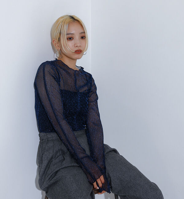NOMINE「ラメ シアー プリーツ トップス （ロンＴ)」|Tシャツ・カットソー|