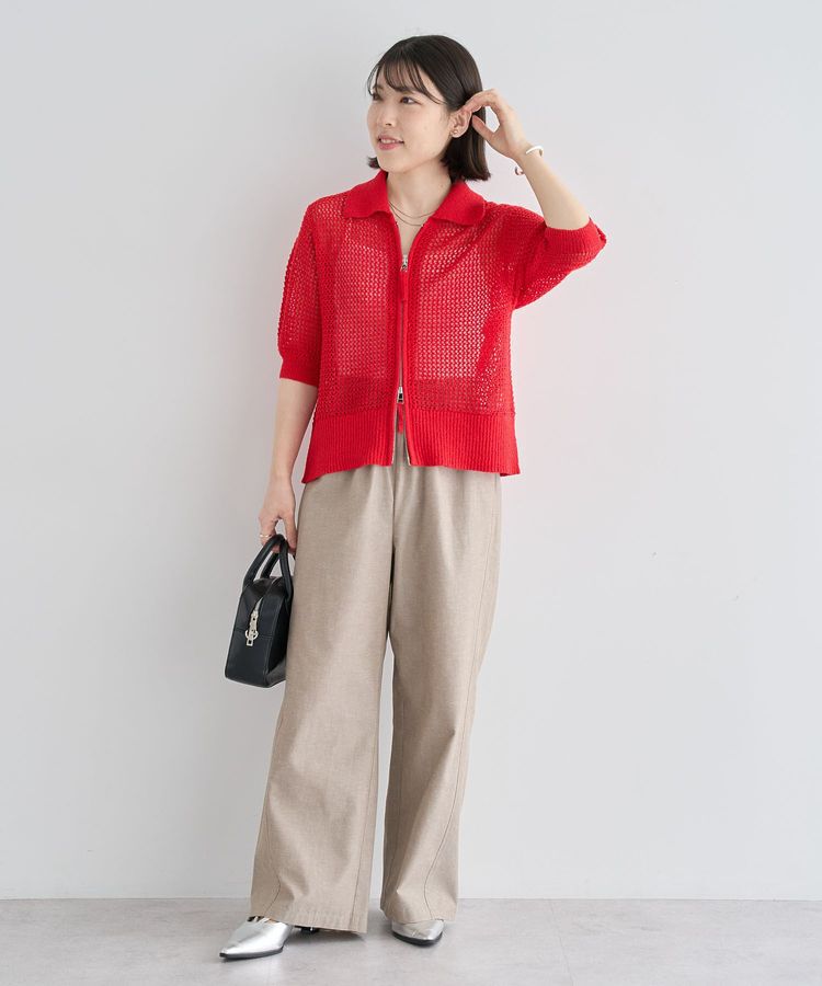 Green Parks「襟付きメッシュ編みZIPカーディガン」|カーディガン|