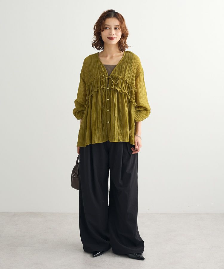 Green Parks「Vネックフリルシアープリーツブラウス」|シャツ・ブラウス|