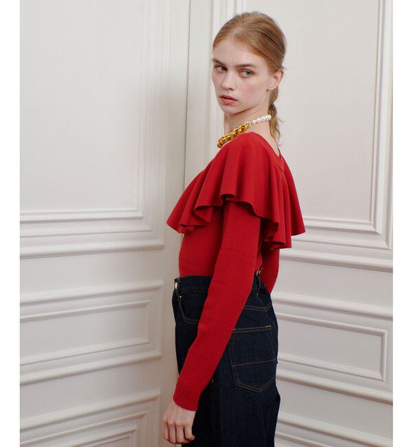 LOULOU WILLOUGHBY「【LOULOU WILLOUGHBY】ラッフルオフショルプルオーバー」|ニット・セーター|