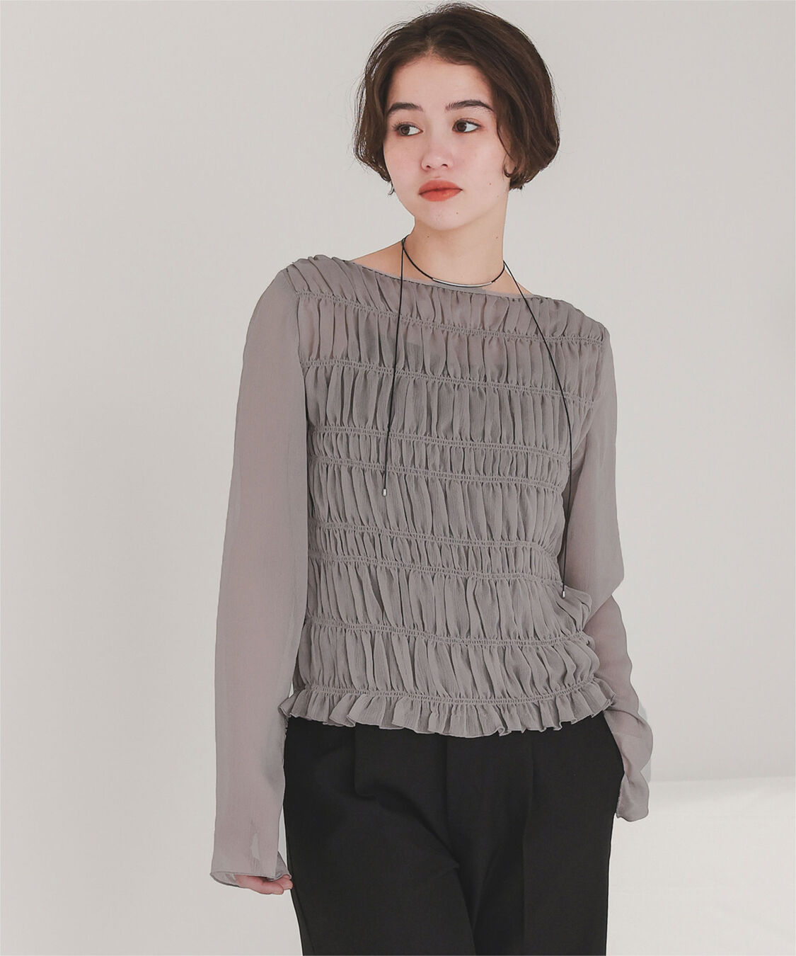 titivate「シアー楊柳シャーリングブラウス」|シャツ・ブラウス|グレー