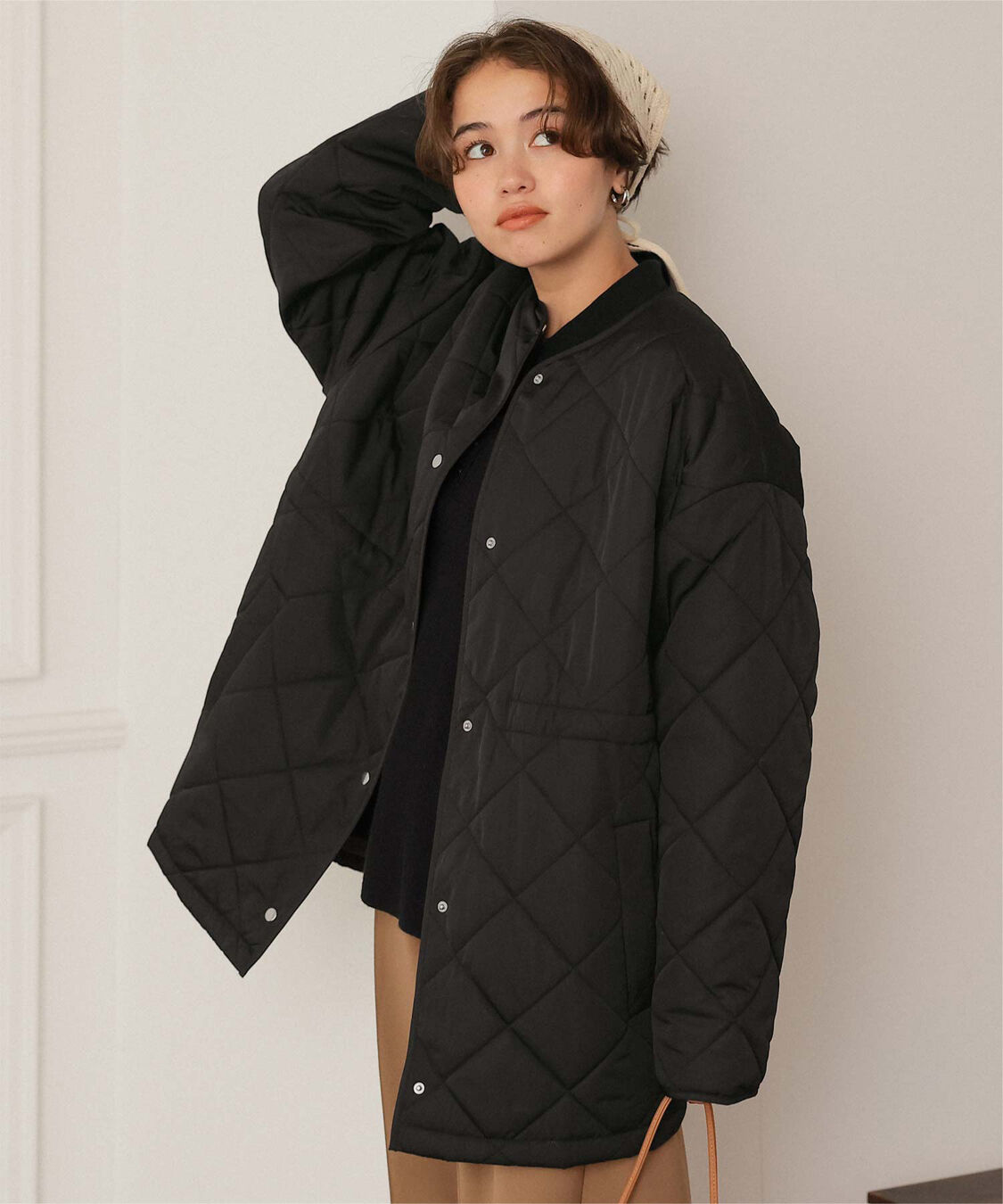 titivate「ウエストドローストリングキルティングジャケット」|ノーカラージャケット|ブラック