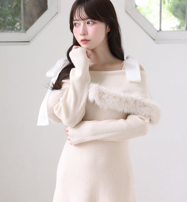  「リボン取り外し可能オフショルファーニットワンピース」|ワンピース|