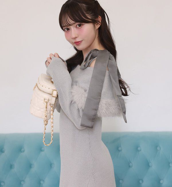  「リボン取り外し可能オフショルファーニットワンピース」|ワンピース|