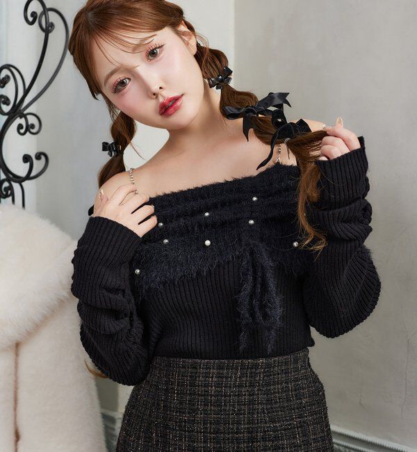  「パール&times;ビジューオフショルニット」|ニット・セーター|