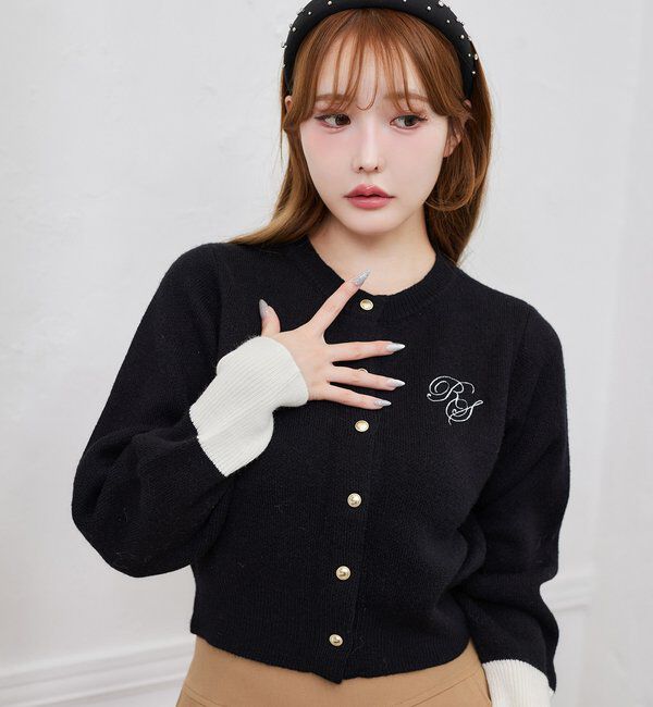  「配色袖刺繍入りカーデ」|ニット・セーター|ブラック