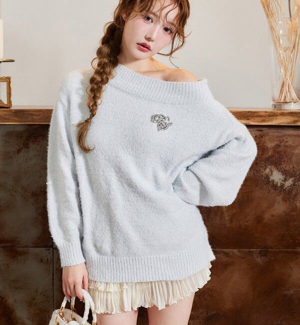  「ブローチ付きベロアモールミニニットワンピース」|ワンピース|サックスブルー