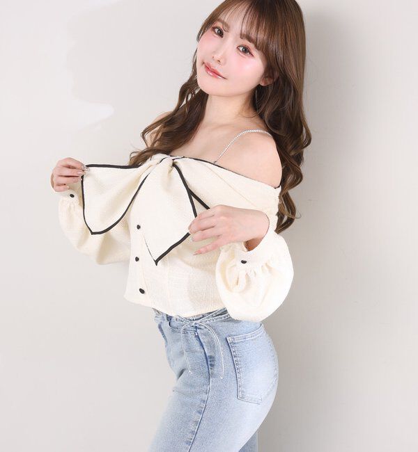  「肩ビジューリボンオフショルブラウス」|シャツ・ブラウス|