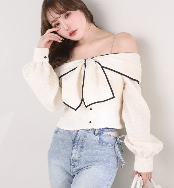  「肩ビジューリボンオフショルブラウス」|シャツ・ブラウス|