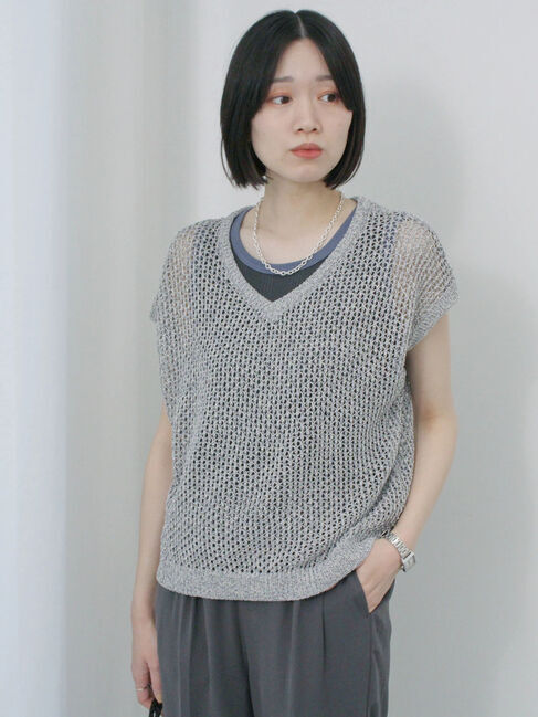 Samansa Mos2 blue「メランジラメメッシュニットベスト」|ニット・セーター|