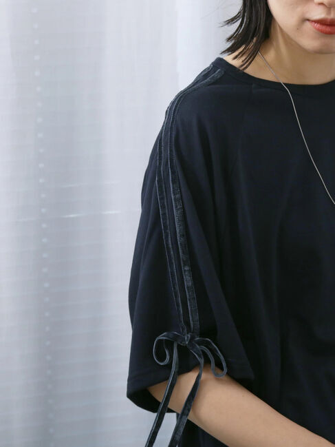 Samansa Mos2 blue「◎【接触冷感】ベロアラインリボンTシャツ」|Tシャツ・カットソー|