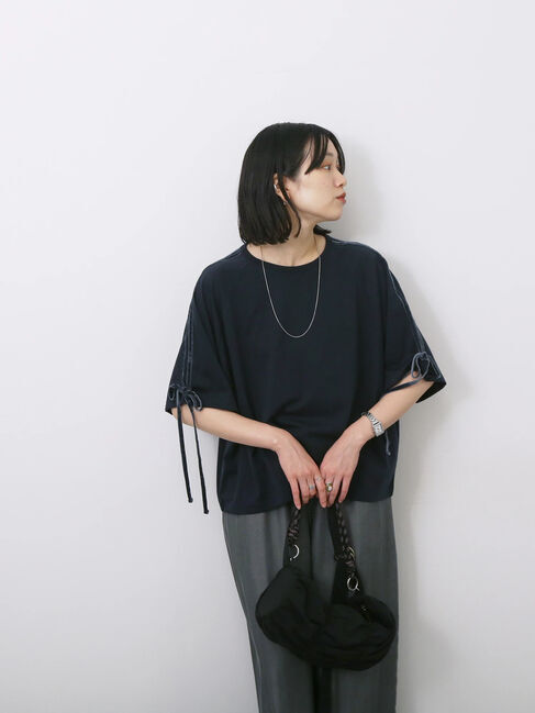 Samansa Mos2 blue「◎【接触冷感】ベロアラインリボンTシャツ」|Tシャツ・カットソー|