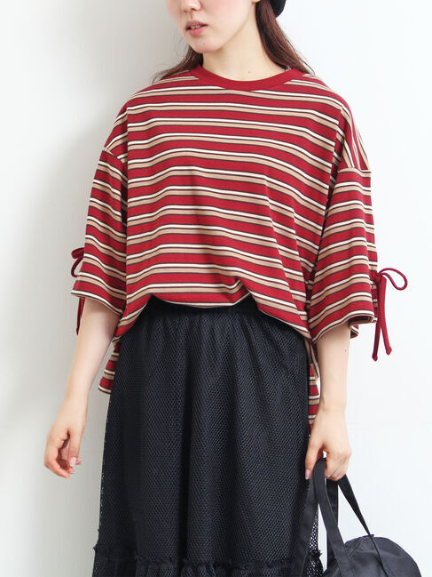 SM2「マルチボーダー袖スリットリボンTシャツ」|Tシャツ・カットソー|レッド