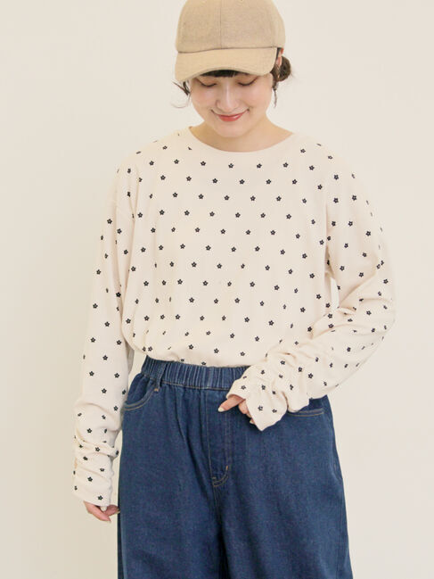 Samansa Mos2「リップル柄アソート袖シャーリングカットソー」|Tシャツ・カットソー|