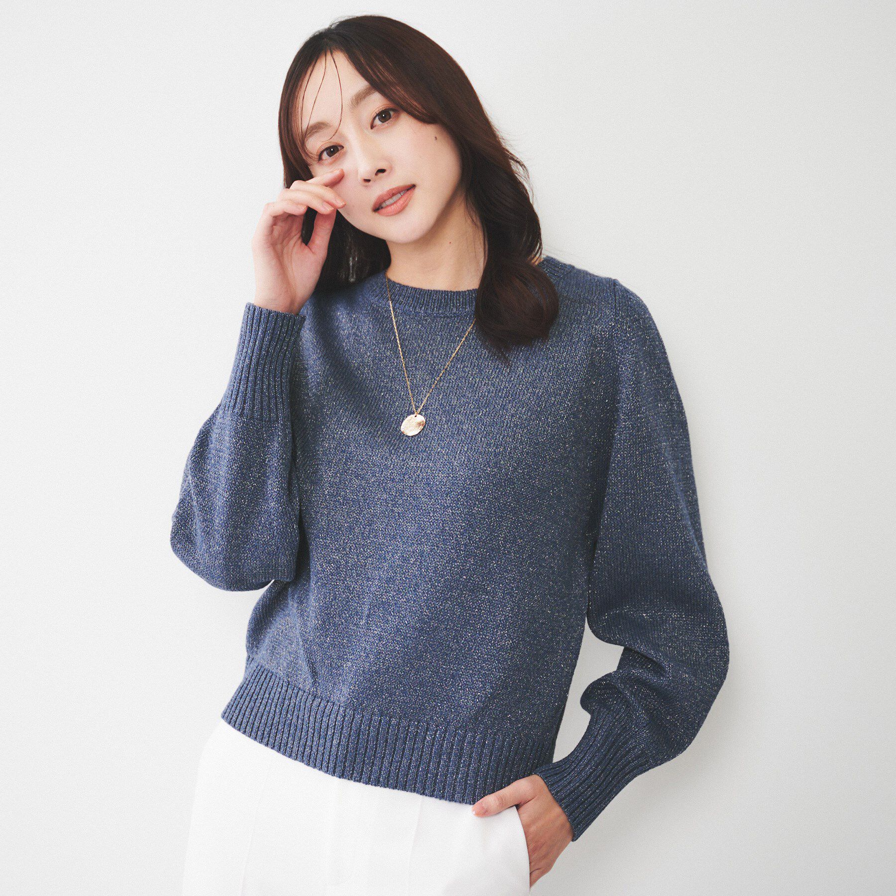 UNTITLED「【アンサンブル可能/ラメ調】シャイニーセミラグランプルオーバーニット」|ニット・セーター|ネイビー(094)