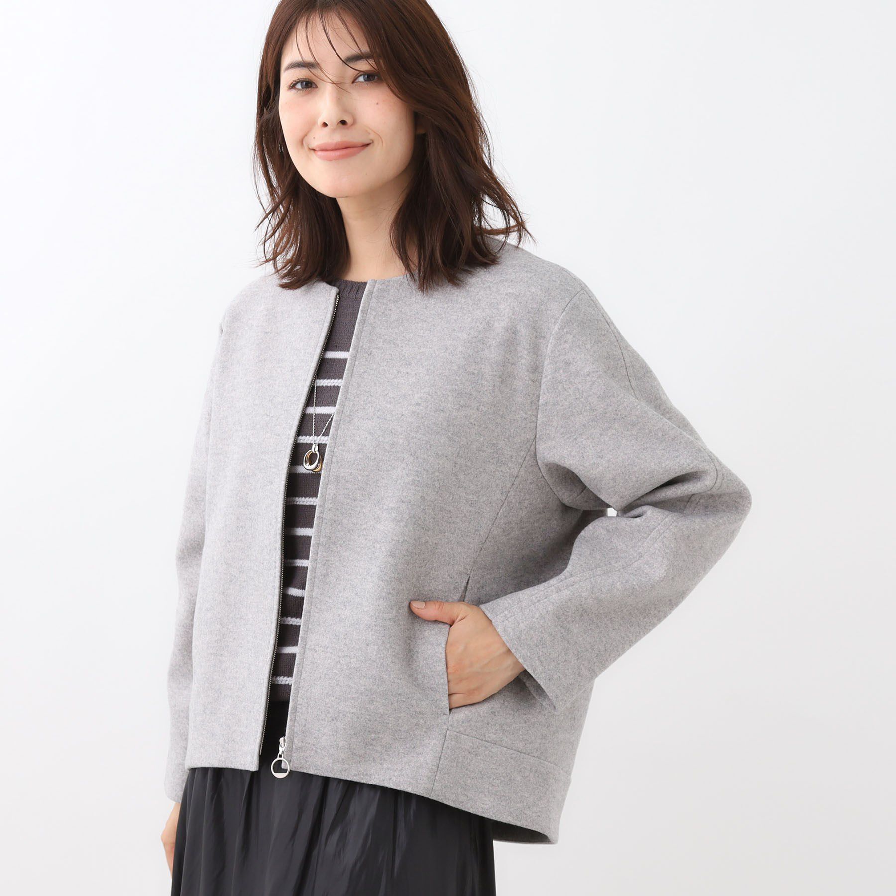 Reflect「【ゆったりシルエット】ジャージメルトンコクーンジャケット」|ノーカラーコート|