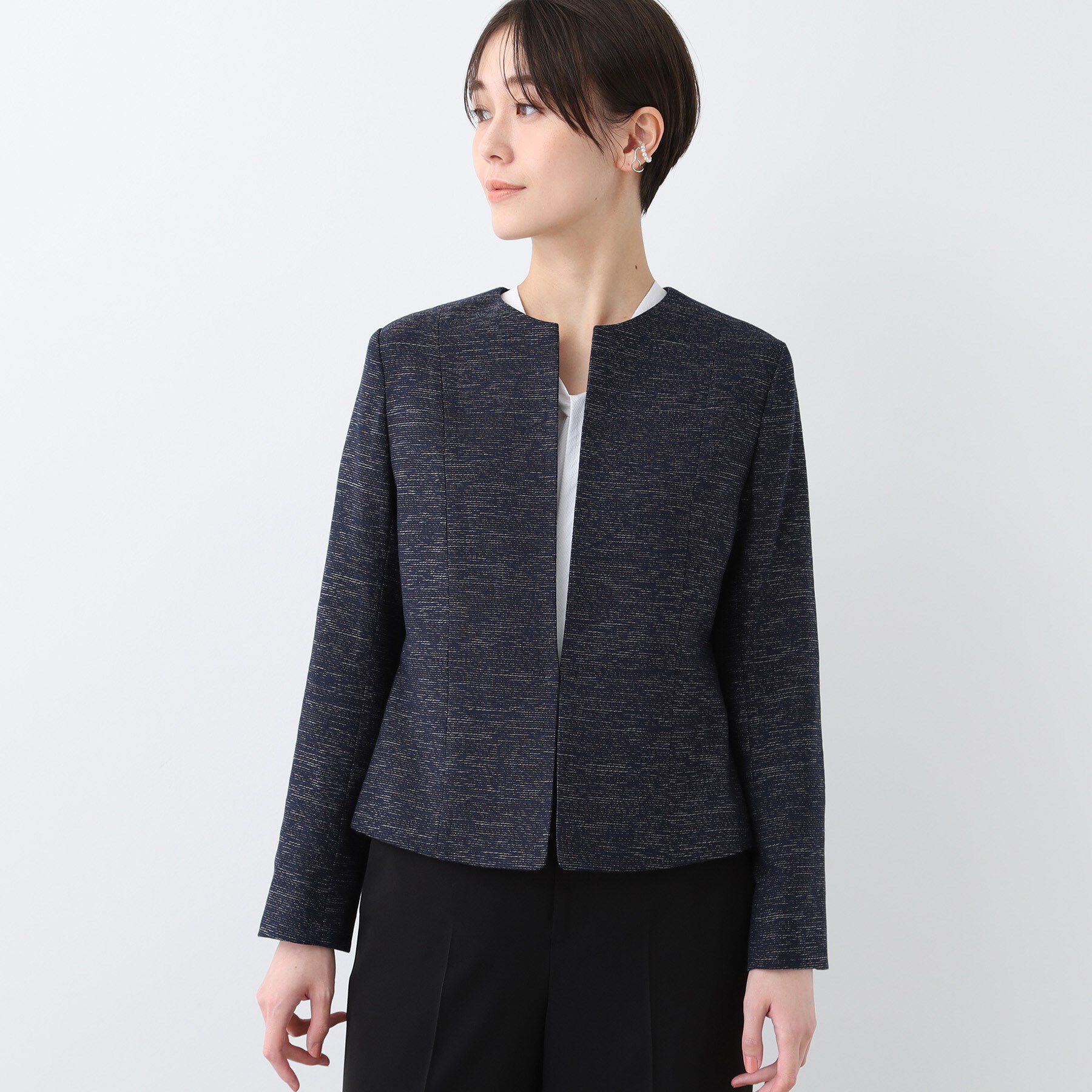 INDIVI「【洗える】ストレッチツィードジャケット」|ノーカラージャケット|