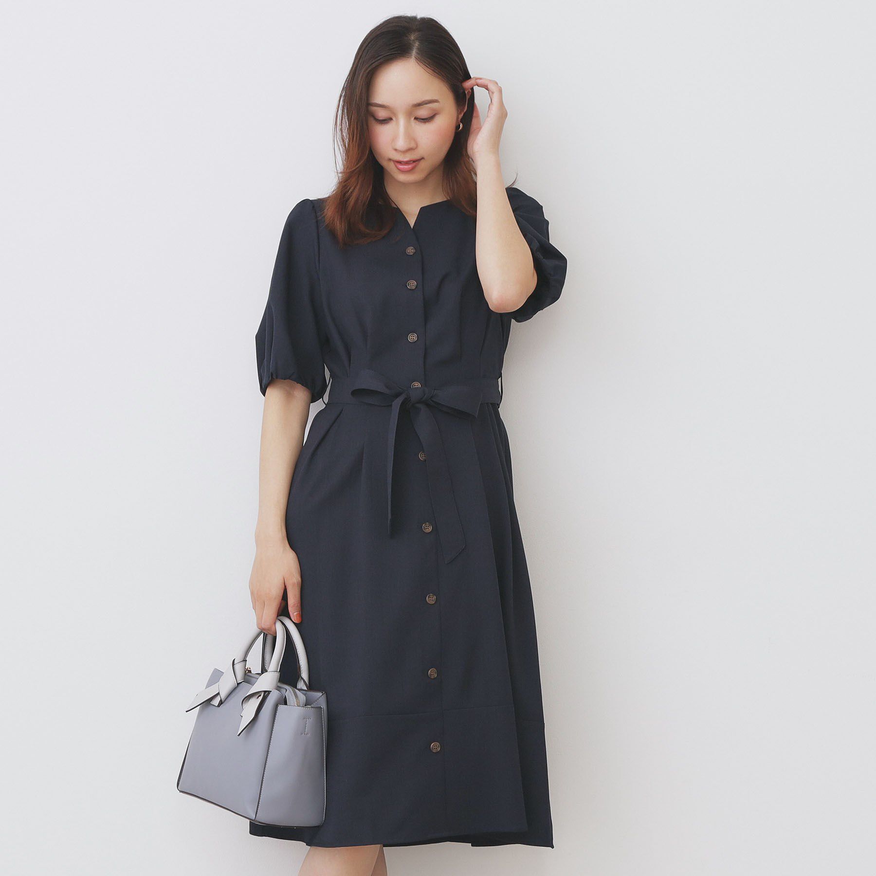 index「タックパフスリーブワンピース【洗濯機洗い可/イージーアイロン】」|ワンピース|ネイビー(094)