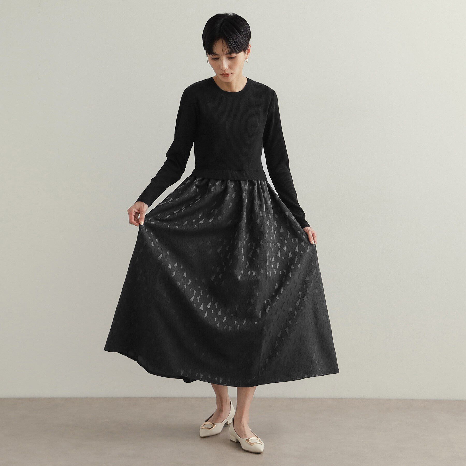 OPAQUE.CLIP「《美人百花掲載》ニット&times;ジャカードドッキングワンピース【洗濯機洗い可/抗ピル】」|ワンピース|