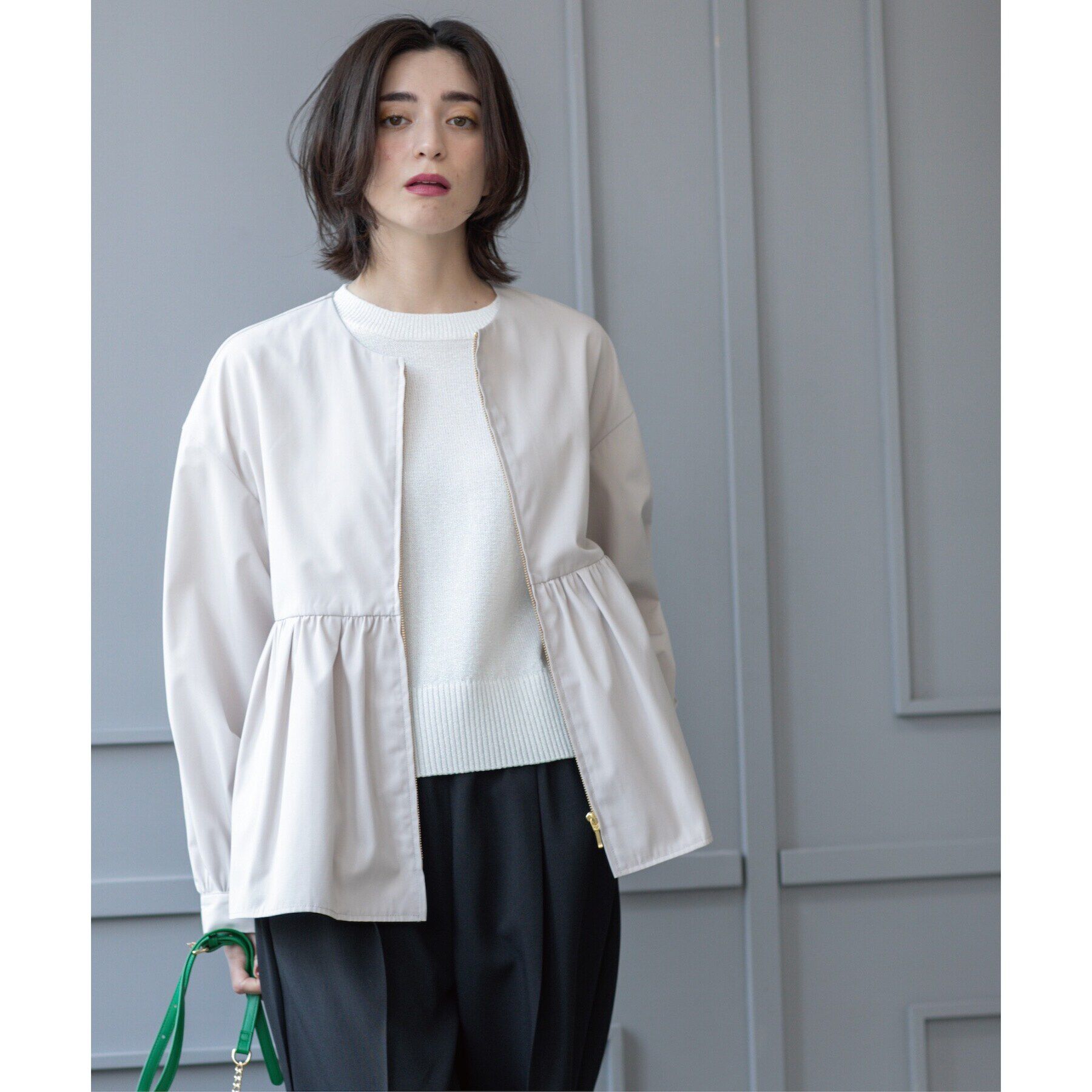OPAQUE.CLIP「撥水ノーカラーペプラムブルゾン【洗濯機洗い可/花粉対応】」|ノーカラージャケット|