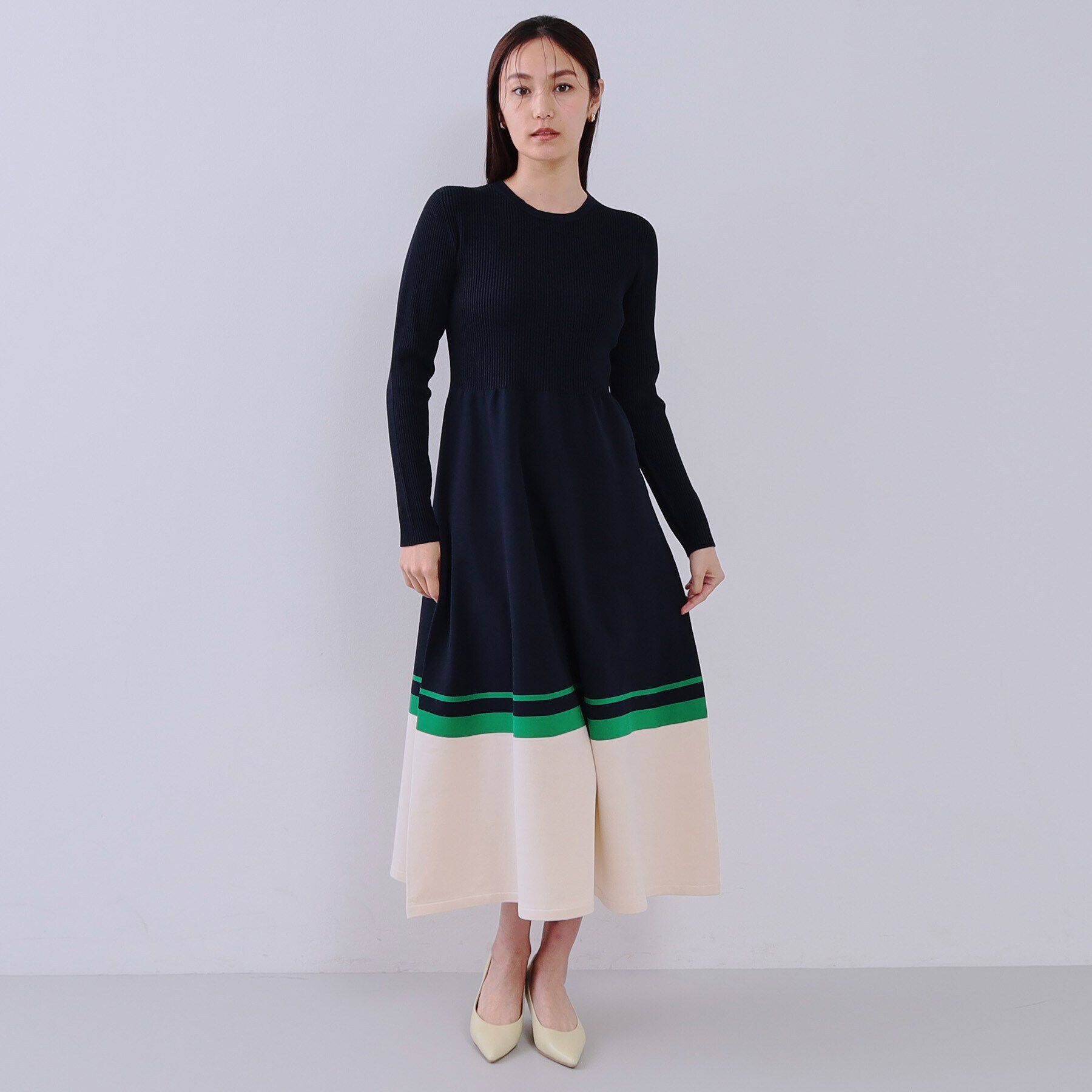 OPAQUE.CLIP「配色ラインフィット＆フレアニットワンピース【洗濯機洗い可/抗ピル】」|ワンピース|