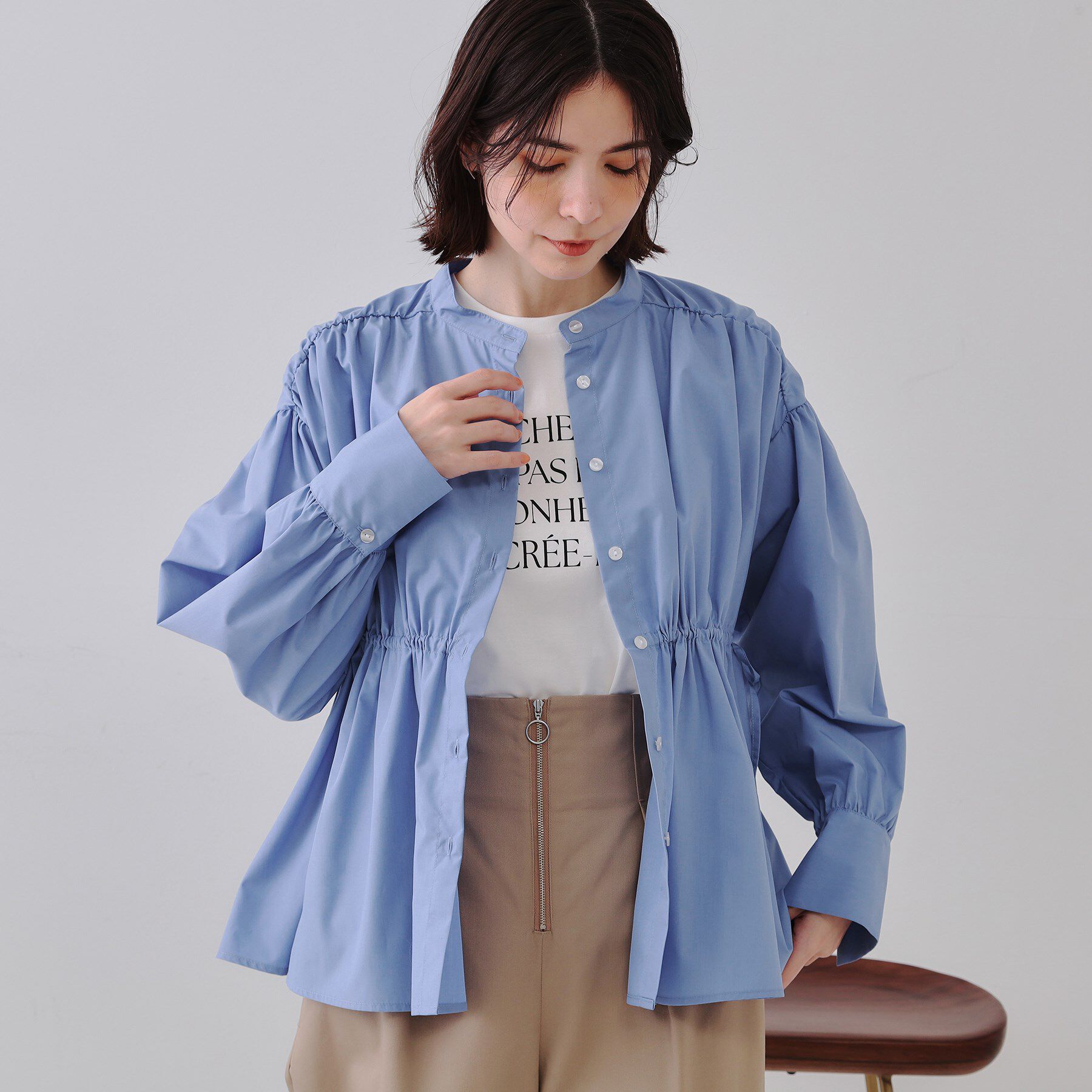 OPAQUE.CLIP「ウエストリボンペプラムシャツ【洗濯機洗い可】」|シャツ・ブラウス|ブルー(092)