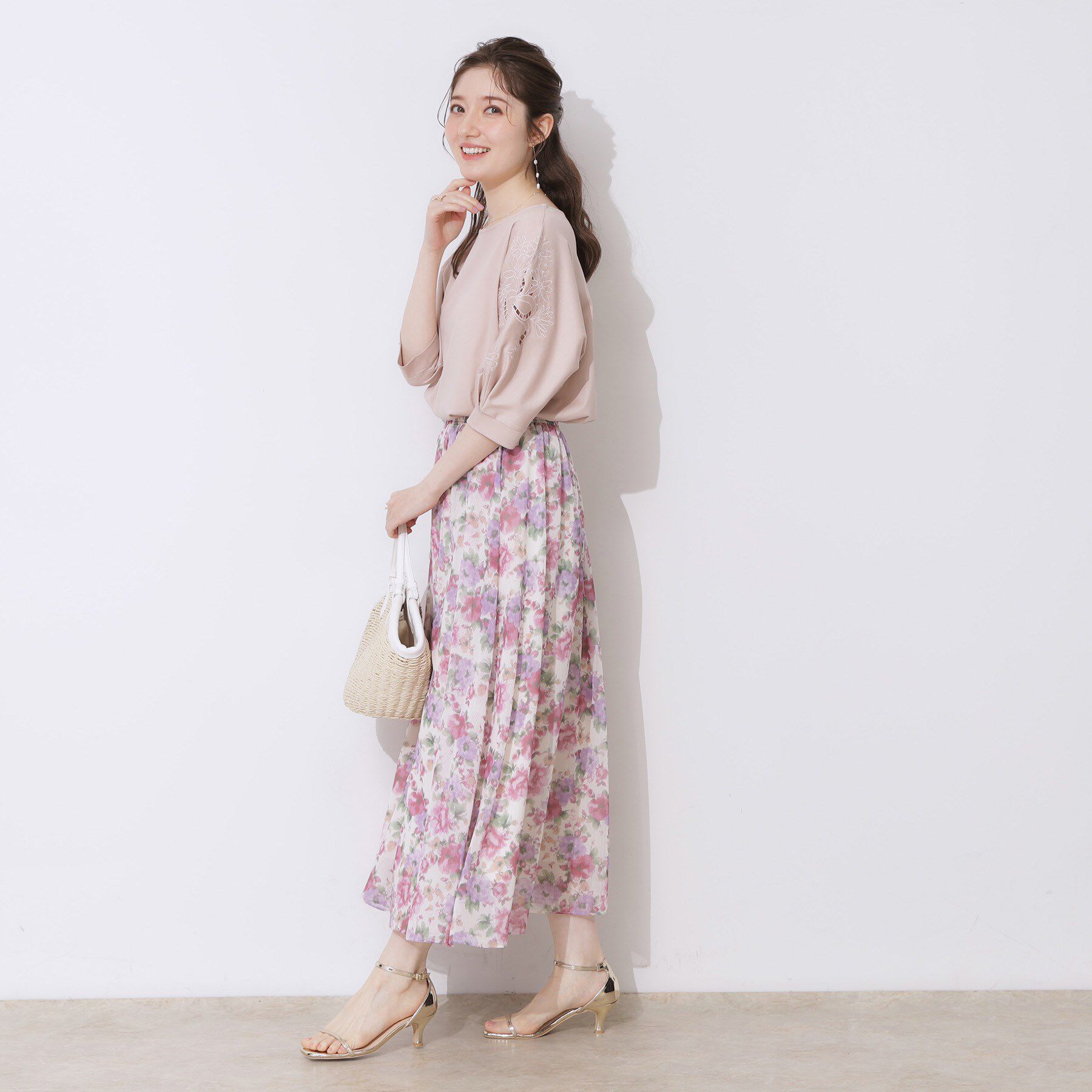 Couture broach「【華やか・ウエストゴム】かすれプリント楊柳スカート」|スカート|